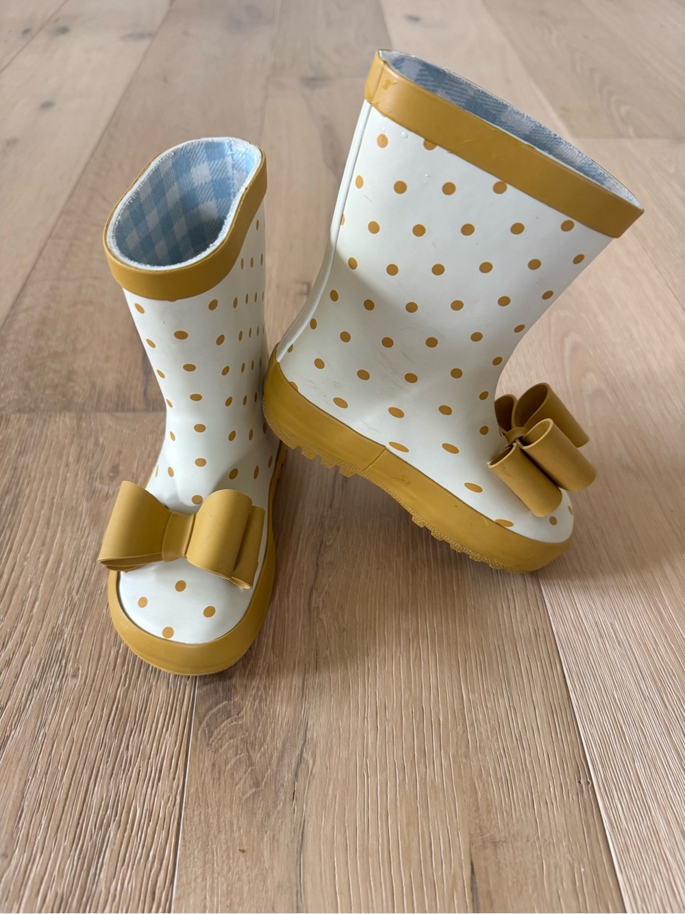 SweetHoney Rain Boots with Mustard Polka Dots and Bow